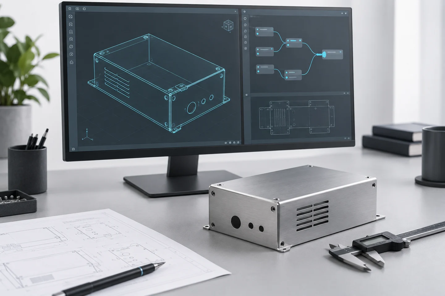 تصوّر توضيحي لمساحة عمل CAD وأتمتة برمجية وصندوق معدني مصنّع